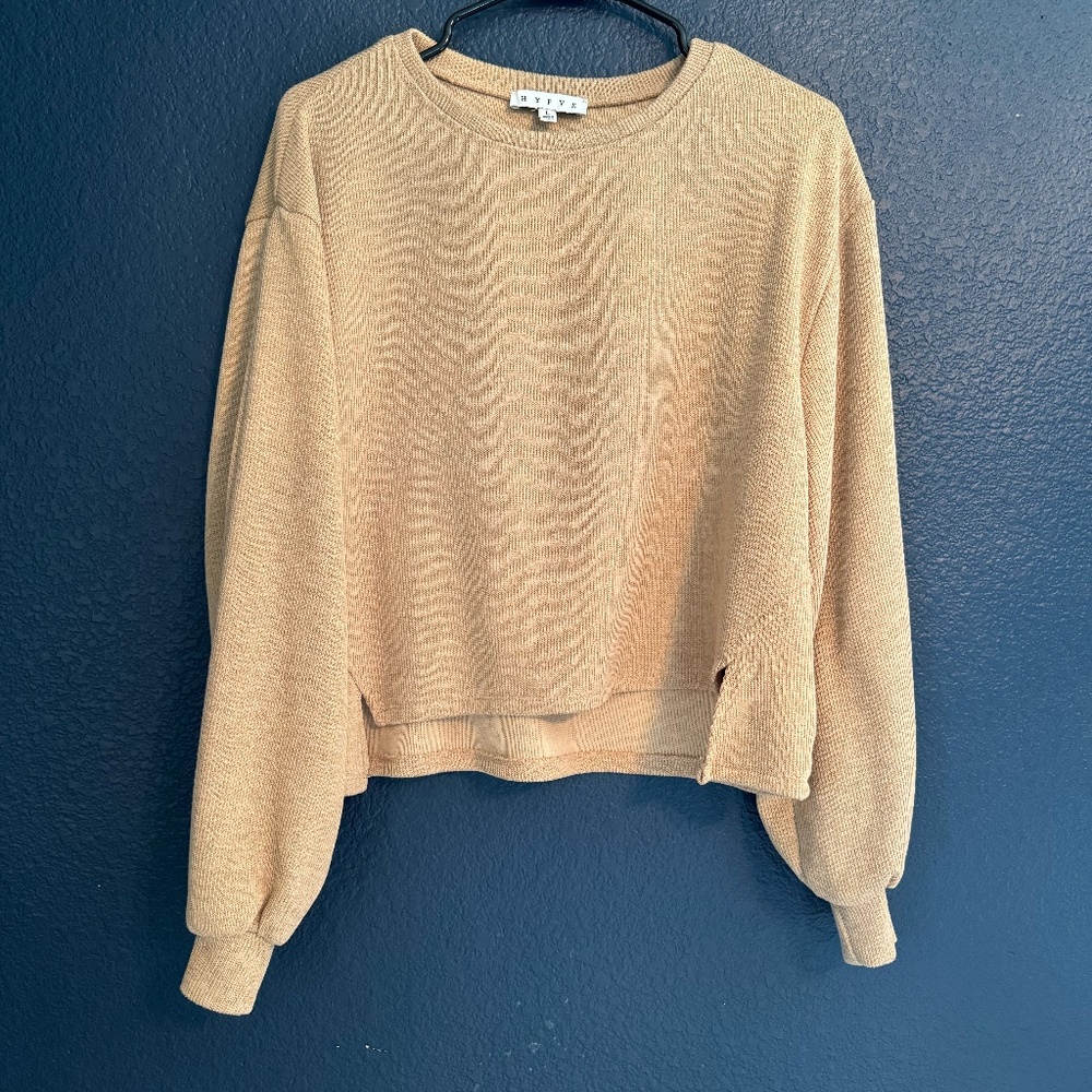 Hyfve Tan Sweater with Notched Front and Lantern sleeve